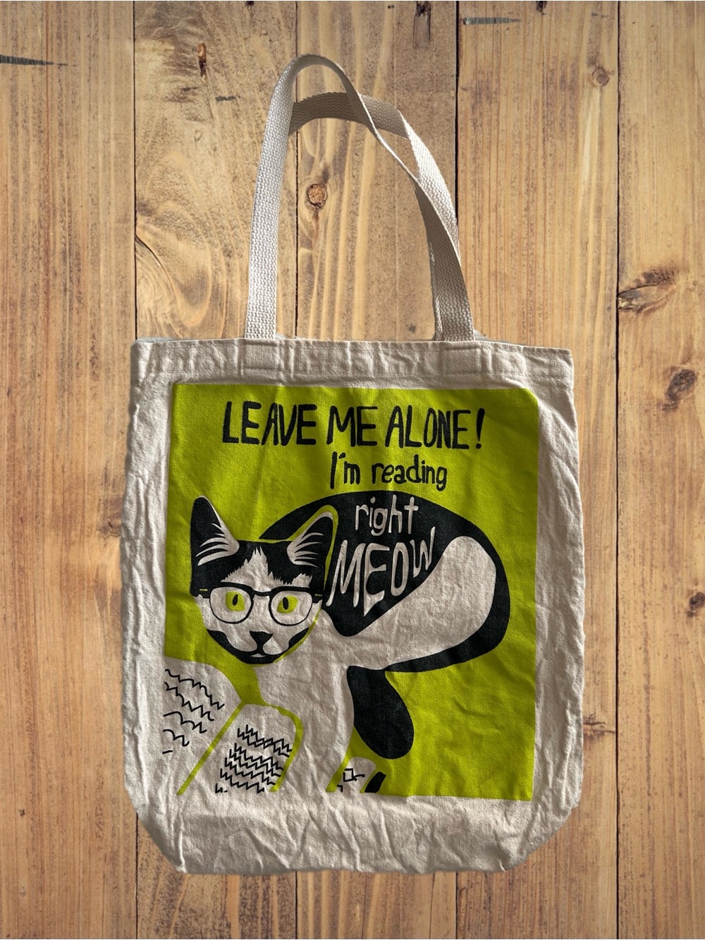 Bookish Cat “Leave Me Alone” Lime Green Juice Canvas Tote Bag